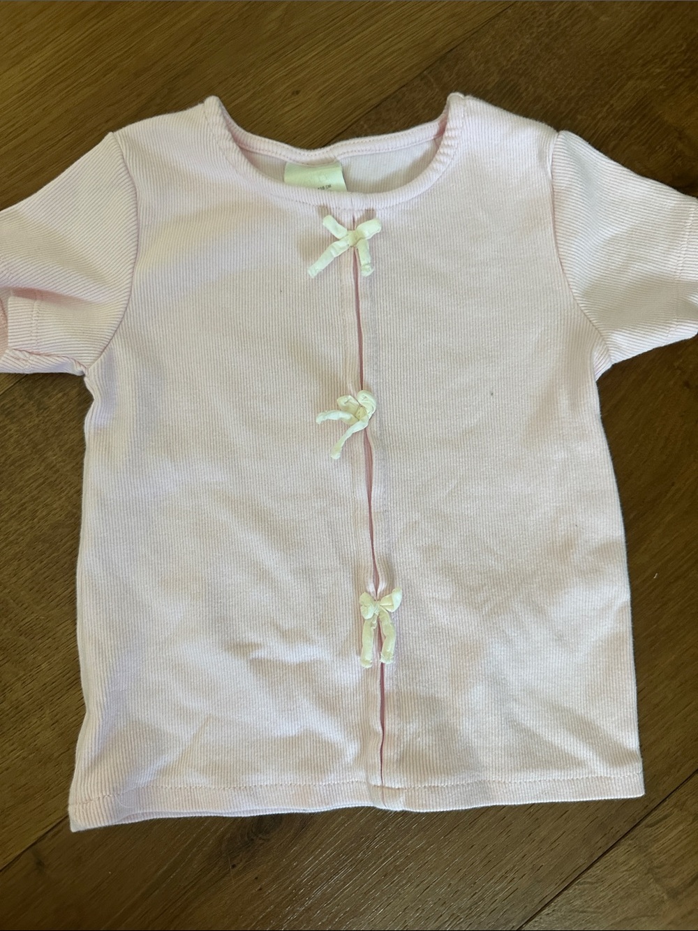 Zara Pale Pink Short Sleeve Top with Cream Bow Accents